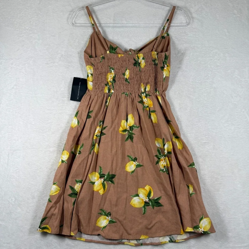 Sweet Rain Lemon Print Linen Blend Tie Front Mini Dress Tan Yellow Small - Picture 12 of 13